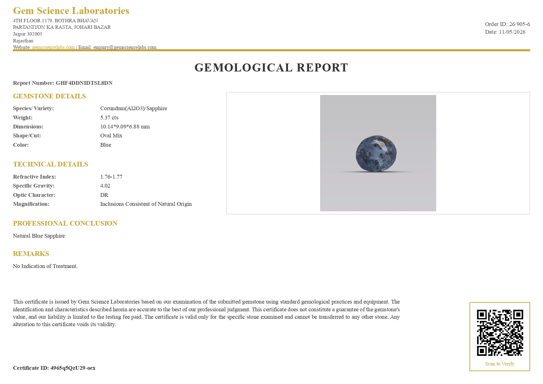 Blue Sapphire - 5.37 Carat (Ceylon)