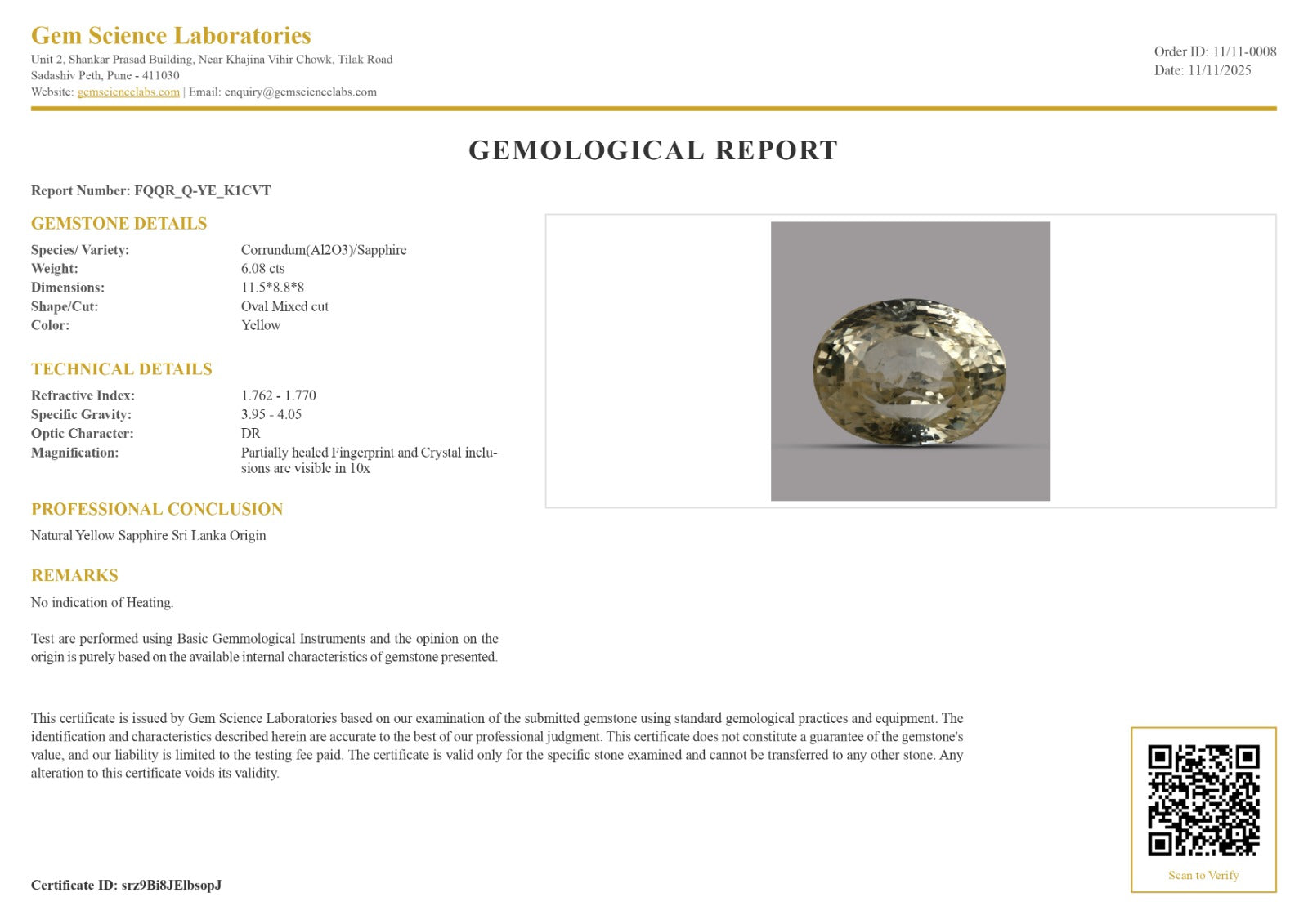 Yellow Sapphire - 6.08 Carat (Ceylon)