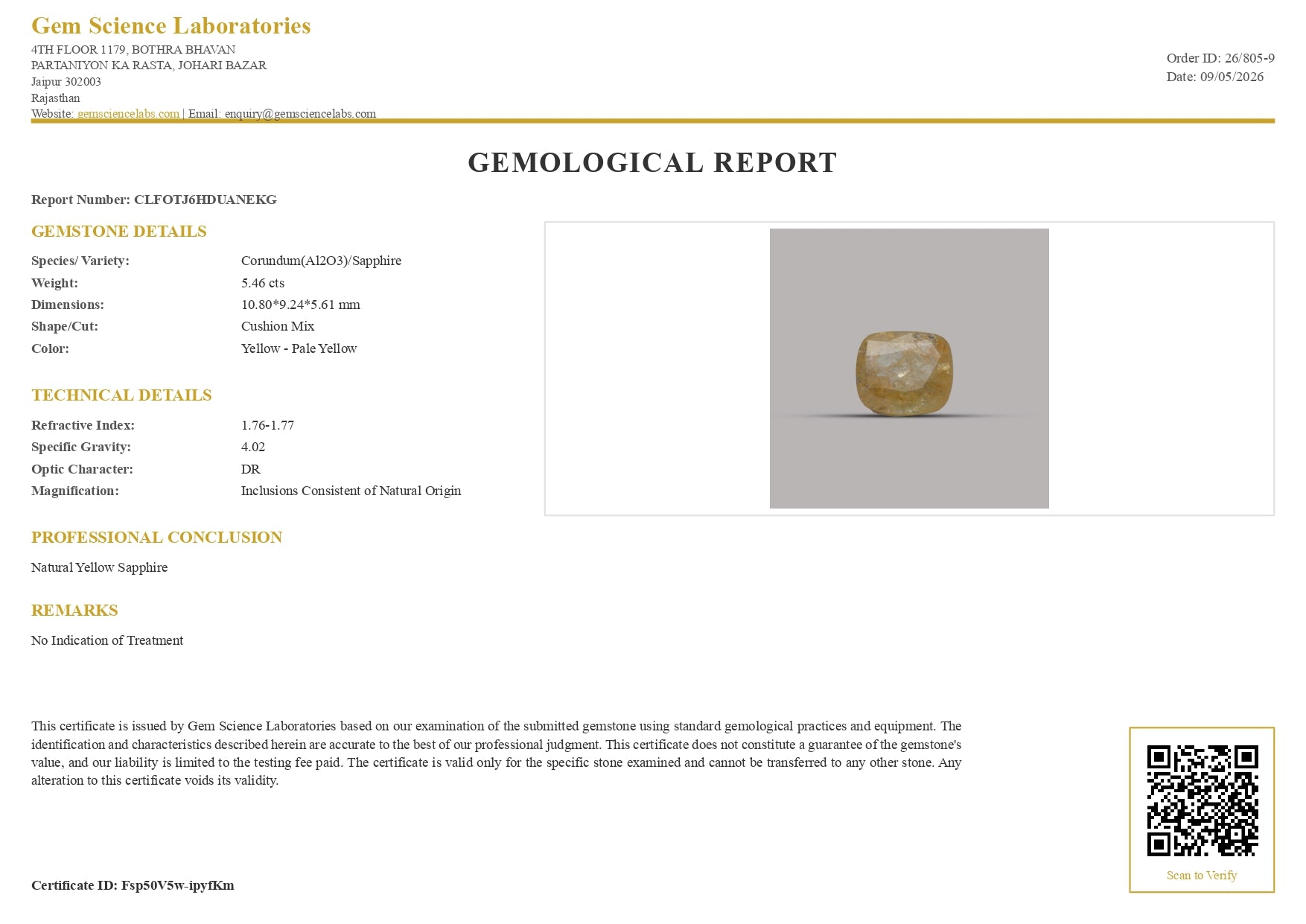 Yellow Sapphire -  5.46 Carat (Ceylon)