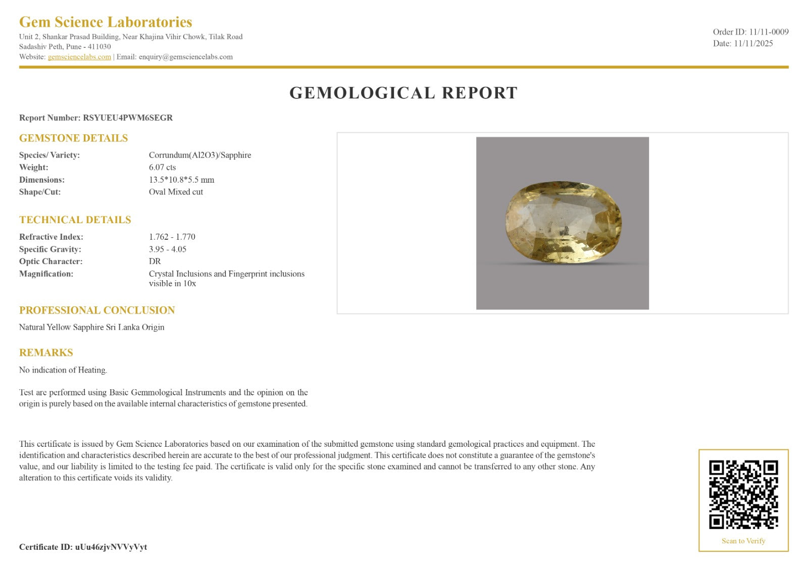 Yellow Sapphire -  6.07 Carat (Ceylon)