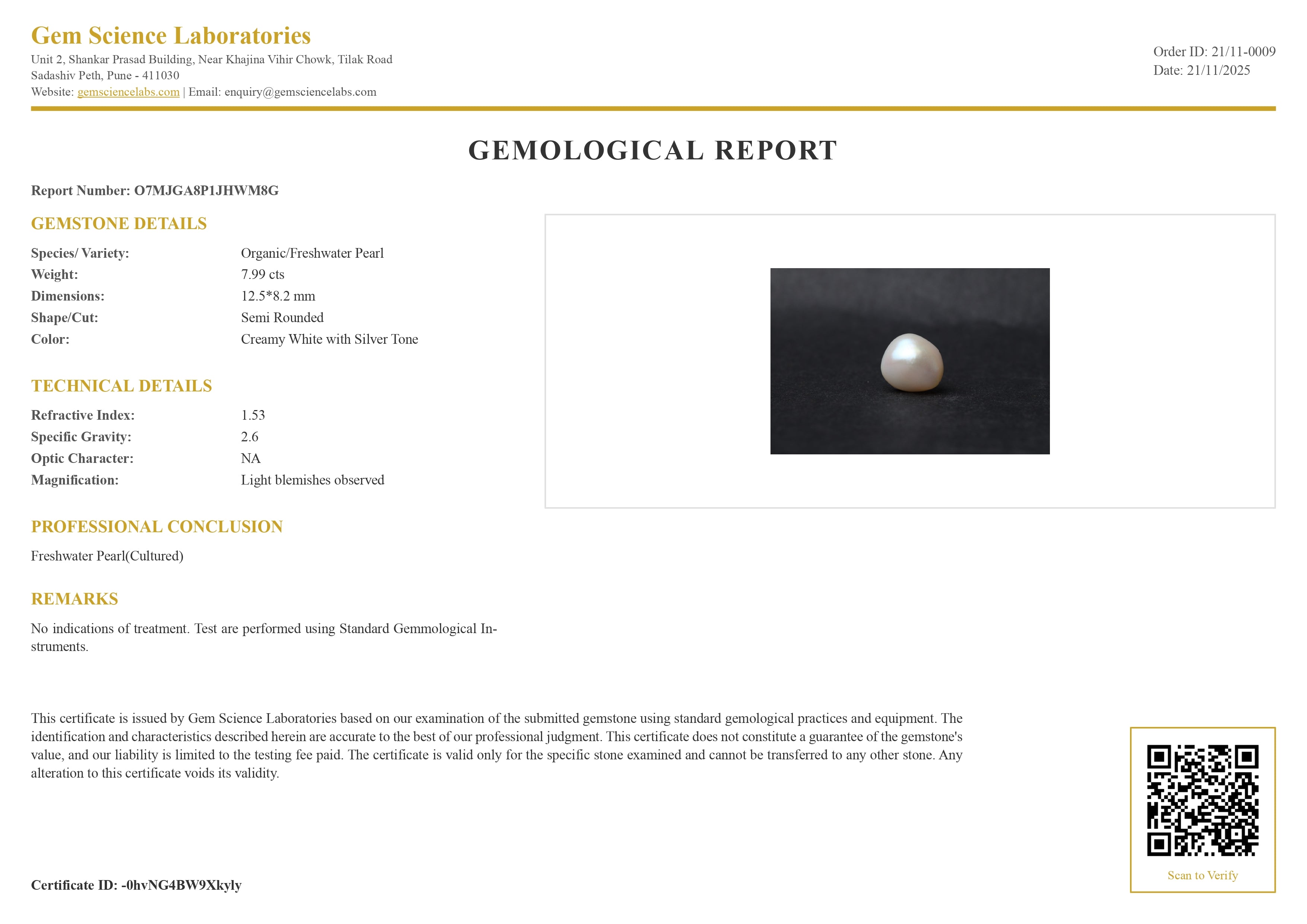 Fresh Water Pearl - 7.99  Carat